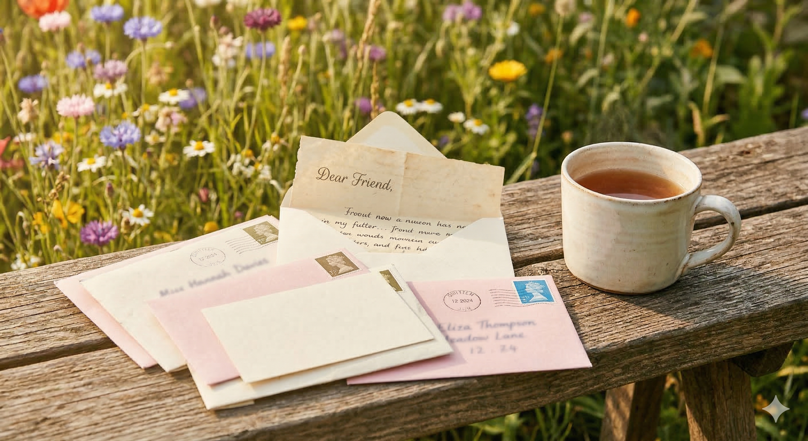 Handwritten letters in cream and soft pink envelopes resting on a weathered garden bench, surrounded by wildflowers, with a cup of tea